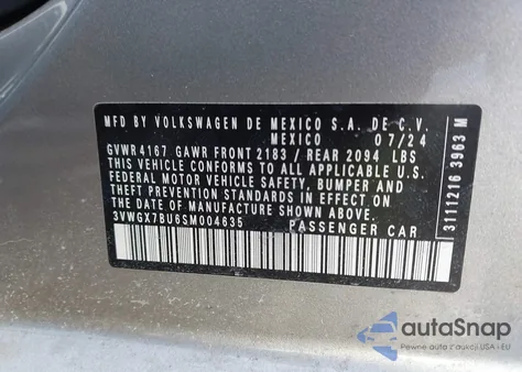 2025 Volkswagen Jetta 1.5T Sel из США, поврежденный, VIN 3VWGX7BU6SM004635